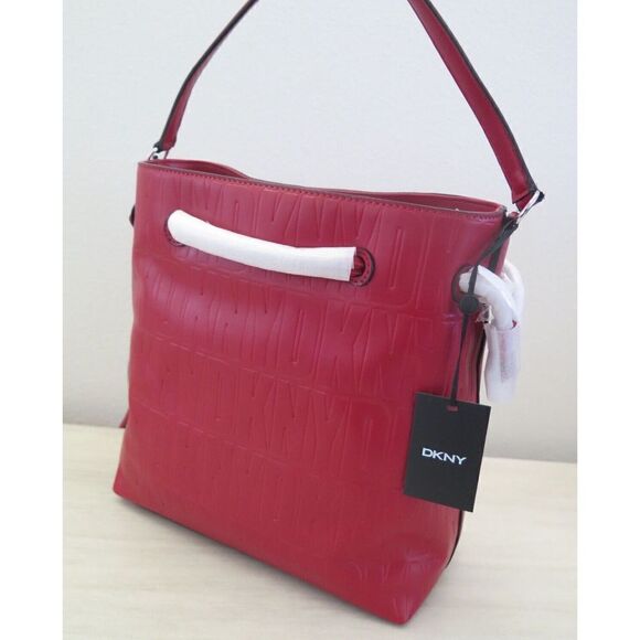 DKNY R13JVP96 Red Signature Logo Jody Drawstring Bucket Tote Shoulder Bag $178 - Picture 6 of 14